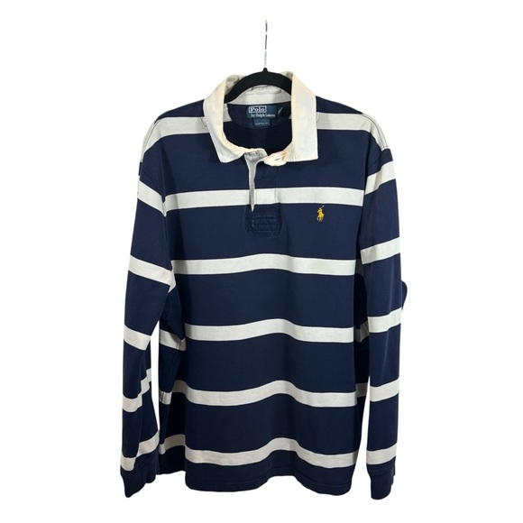 Vintage Polo Ralph Lauren Mens Rugby Shirt Long Sleeve Striped Blue Cotton XXL - Picture 1 of 10